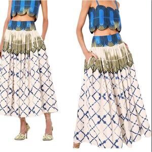 NEW Alexis Flare Pockets Tie Dye Abstract Print Cotton Serrano Skirt Blue